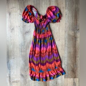 Olivaceous Retro Puff Sleeve Tie Front Smocked Midi Dress Multicolor Size M Boho
